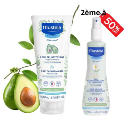 MUSTELA OFFRE GEL NETTOYANT 2 EN 1 DE 200ML + EAU RAFRAICHISSANTE ET COIFFANTE 200 ML