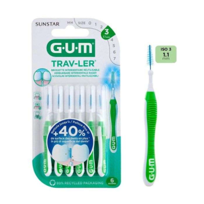 GUM TRAVLER 6 BROSSETTES INTERDENTAIRES REUTILISABLE 1.1 MM REF 1414