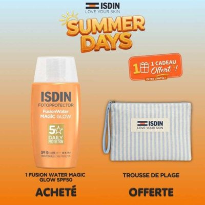 ISDIN OFFRE FOTOPROTECTOR FUSION WATER MAGIC GLOW SPF50 50 ML + TROUSSE DE PLAGE OFFERTE