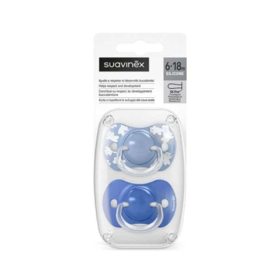 SUAVINEX LOT DE 2 SUCETTES PHYSIOLOGIQUES TETINE SILICONE 6-18M WILD AND FREE BLEU