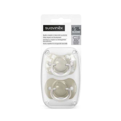SUAVINEX LOT DE 2 SUCETTES PHYSIOLOGIQUES TETINE SILICONE 6-18M WILD AND FREE BEIGE