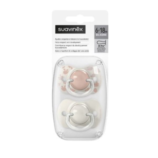 SUAVINEX LOT DE 2 SUCETTES PHYSIOLOGIQUES TETINE SX PRO 6-18M BIRDIES BEIGE ROSE