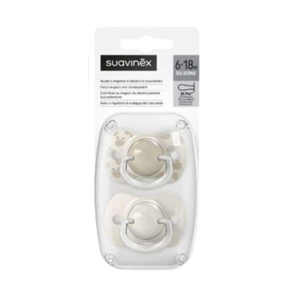 SUAVINEX LOT DE 2 SUCETTES PHYSIOLOGIQUES TETINE SX PRO 6-18M BIRDIES BEIGE