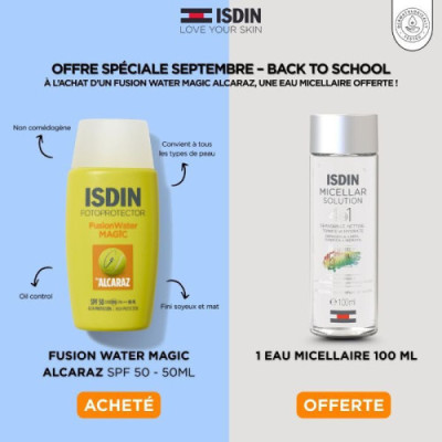 ISDIN OFFRE WEB FOTOPROTECTOR FUSION WATER MAGIC SPF 50 BY ALCARAZ 50 ML + EAU MICELLAIRE 100ML OFFERTE